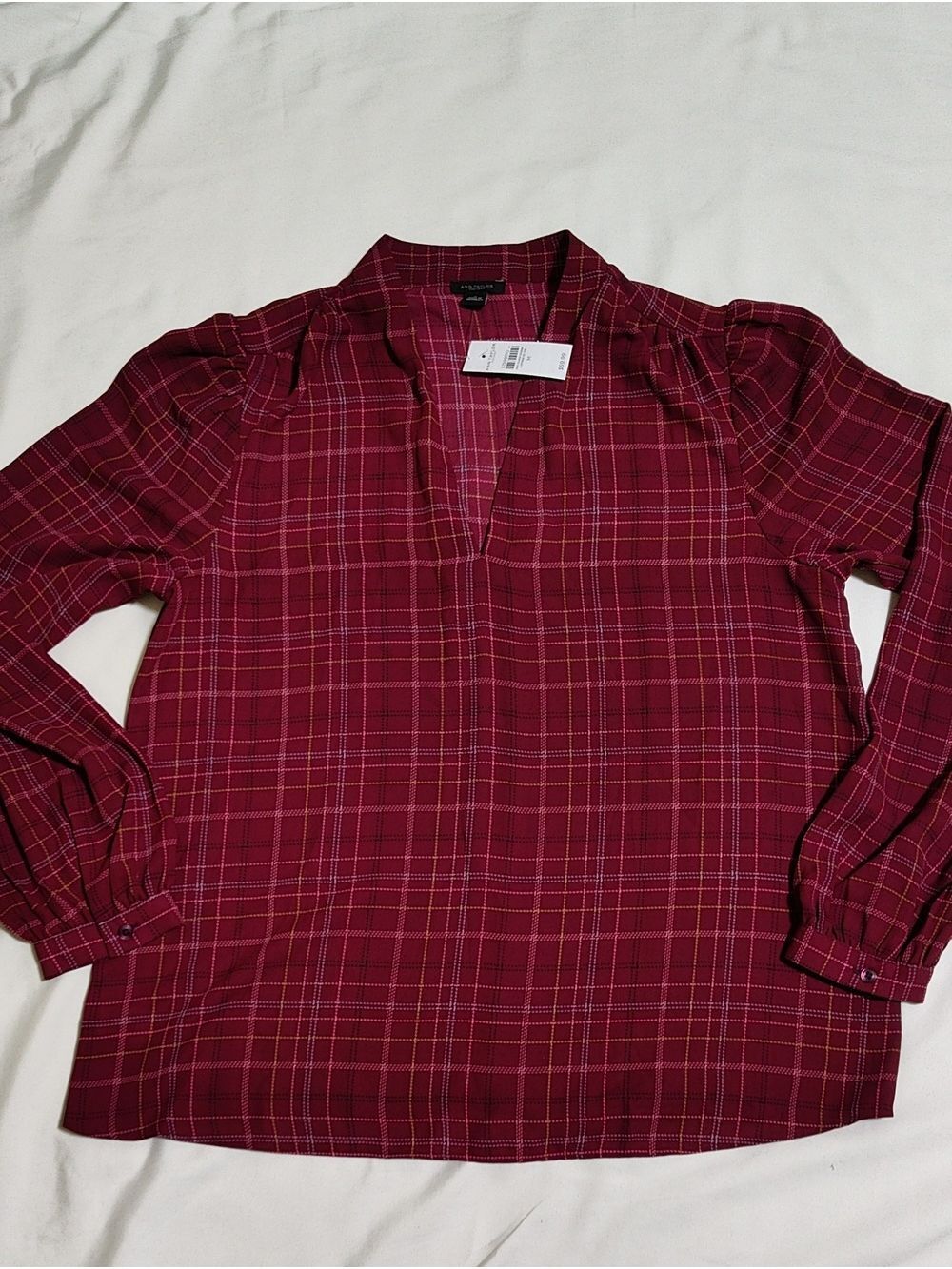 Ann Taylor Factory Burgundy Plaid Split-Neck Blouse